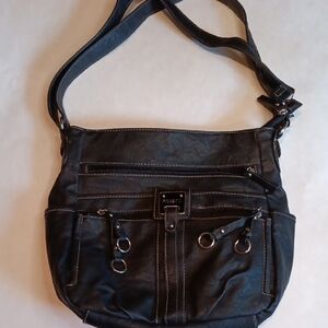 Rosetti Black Faux Leather Shoulder Bag with Front Pockets